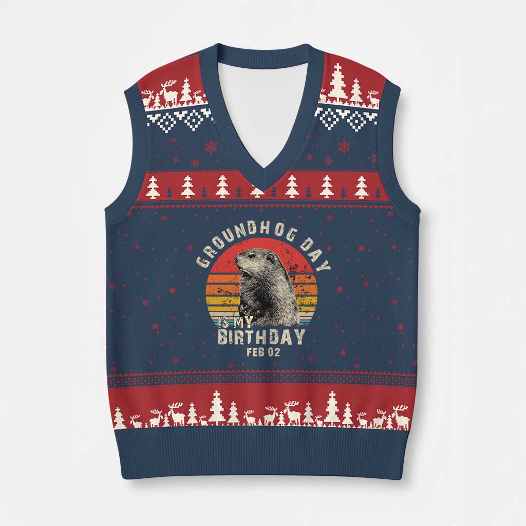 Groundhog Day Is My Birthday V-Neck Knit Sweater Vest Funny Woodchuck Retro Vintage - Wonder Print Shop