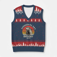 Groundhog Day Is My Birthday V-Neck Knit Sweater Vest Funny Woodchuck Retro Vintage - Wonder Print Shop