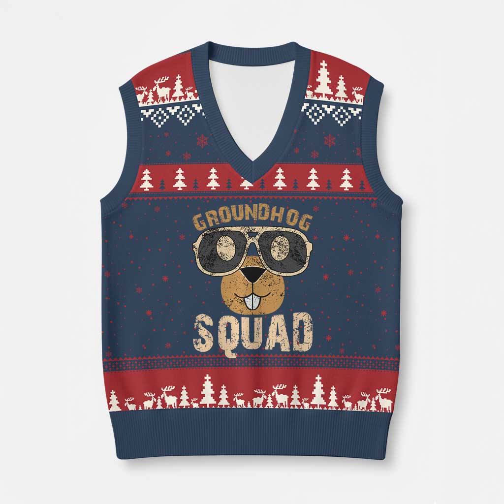 Groundhog Squad V-Neck Knit Sweater Vest Cute Woodchuck Happy Groundhog Day - Wonder Print Shop