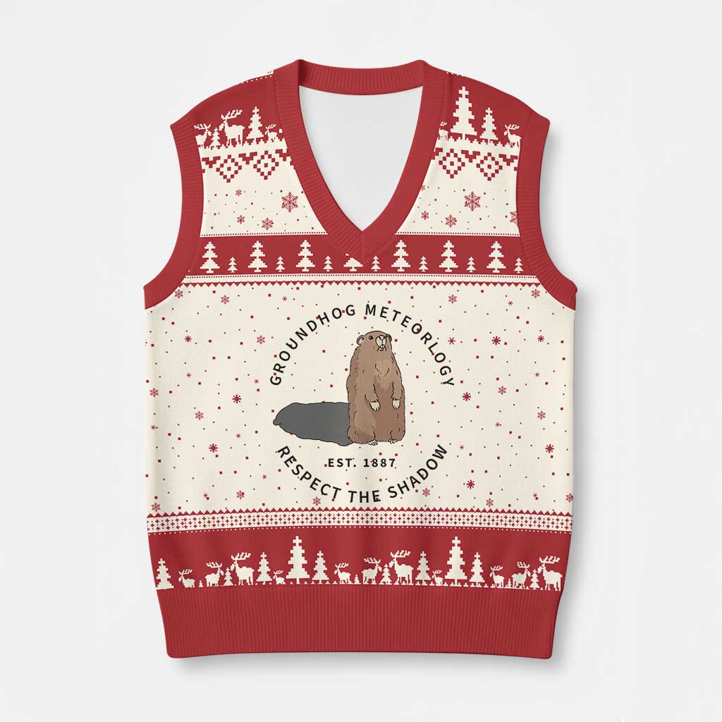 Groundhog Meteorology V-Neck Knit Sweater Vest Respect The Shadow Est 1887 Funny Woodchuck - Wonder Print Shop