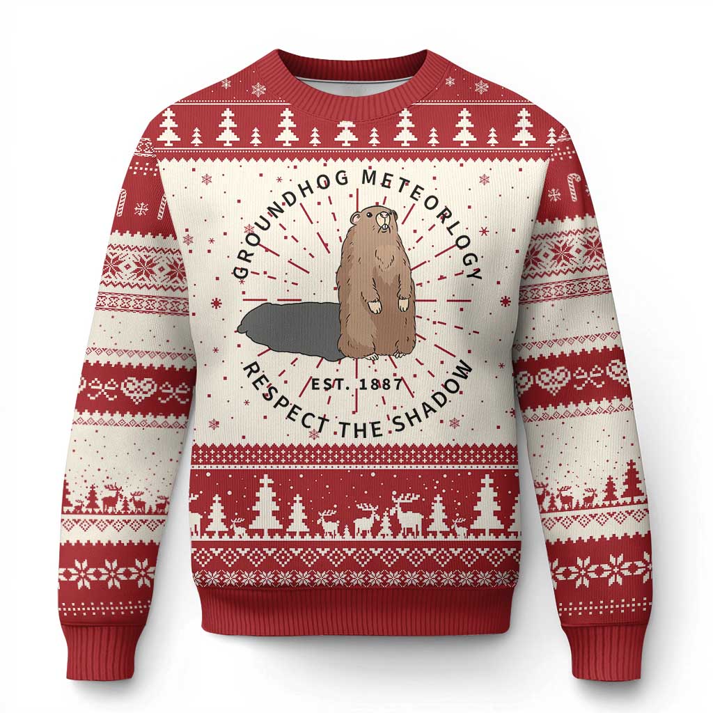 Groundhog Meteorology Knitted Sweatshirt Respect The Shadow Est 1887 Funny Woodchuck