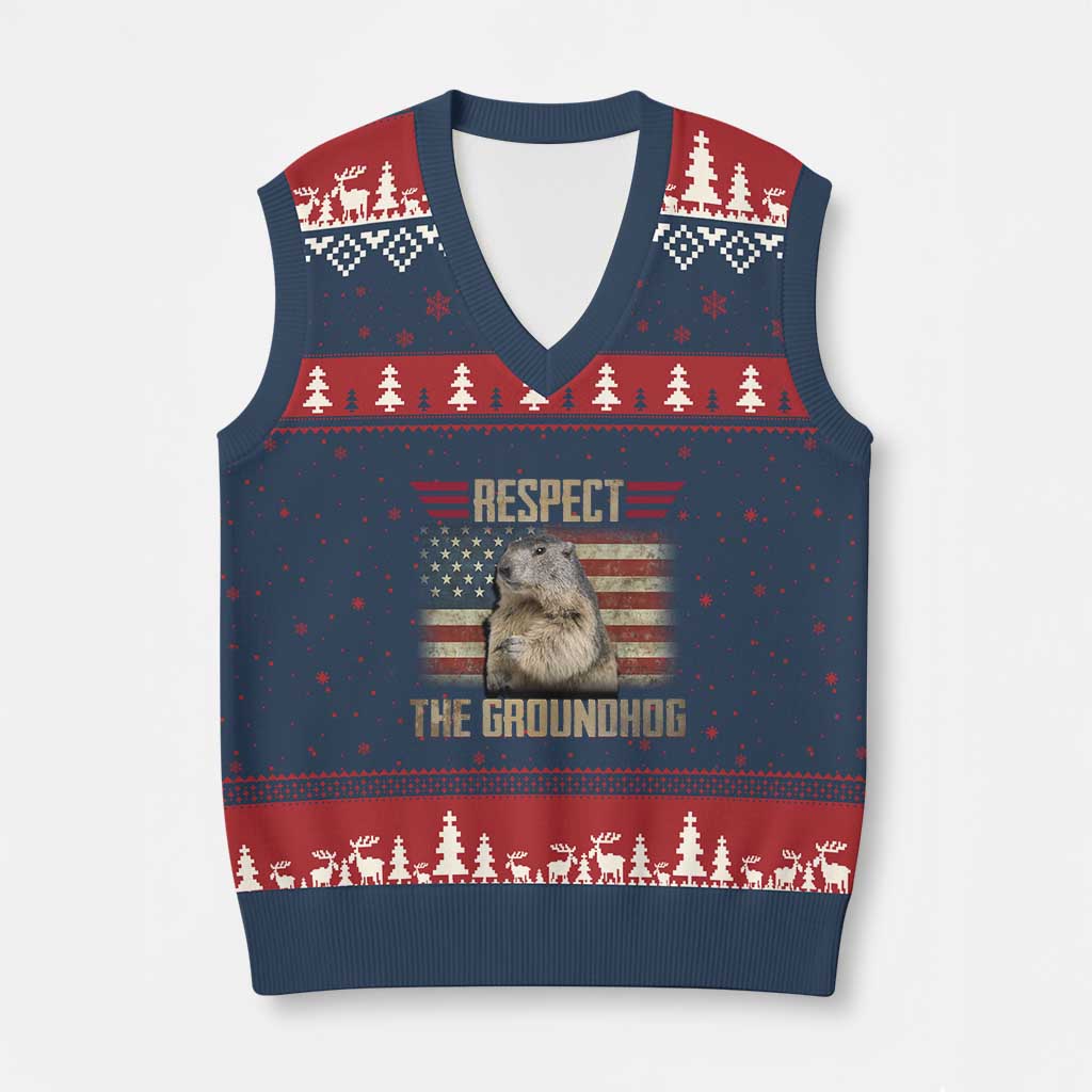 Groundhog Meteorology V-Neck Knit Sweater Vest Respect The Groundhog Woodchuck Photo GroundHog Day - Wonder Print Shop