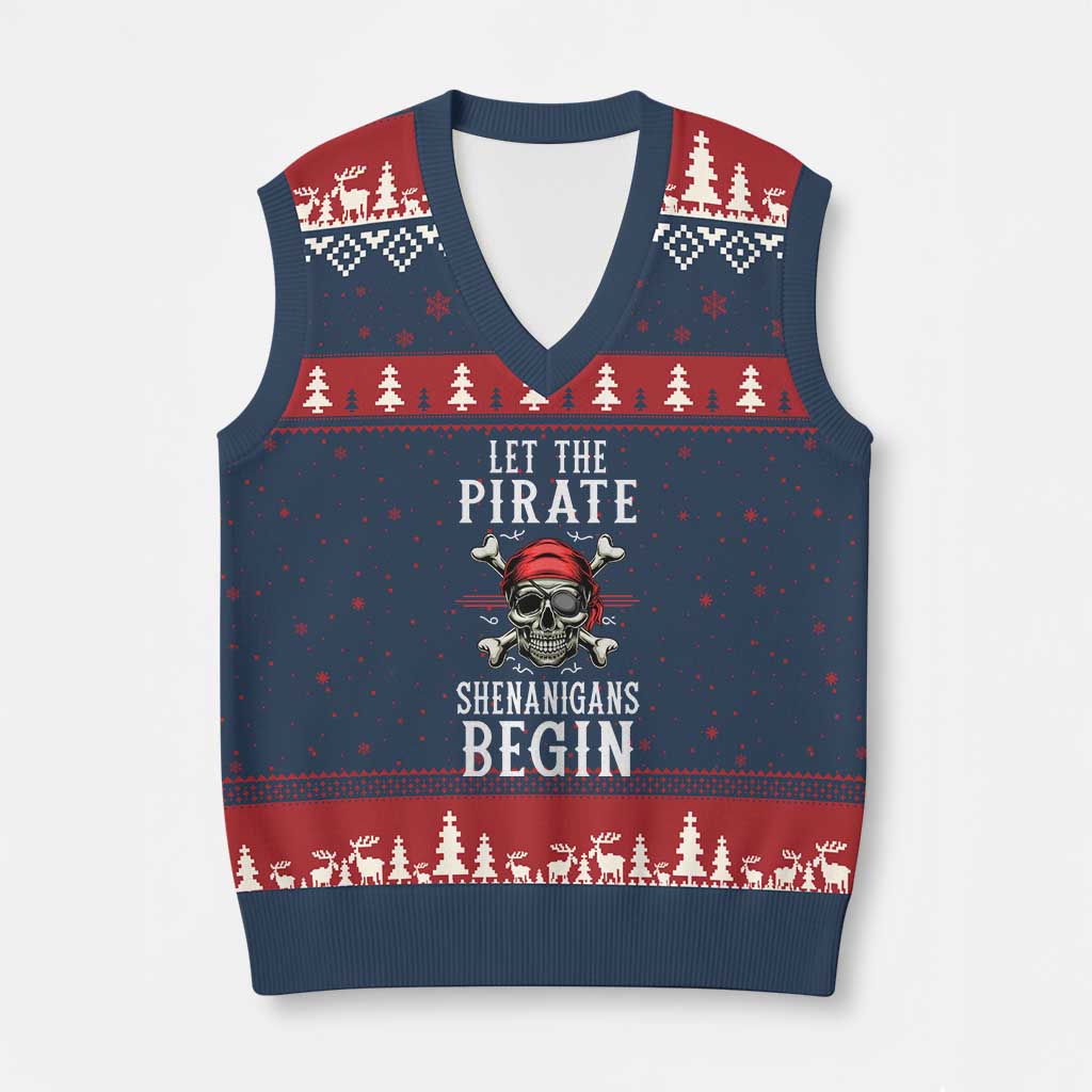 Let The Pirate Shenanigans Begin V-Neck Knit Sweater Vest Pirate Skull - Wonder Print Shop