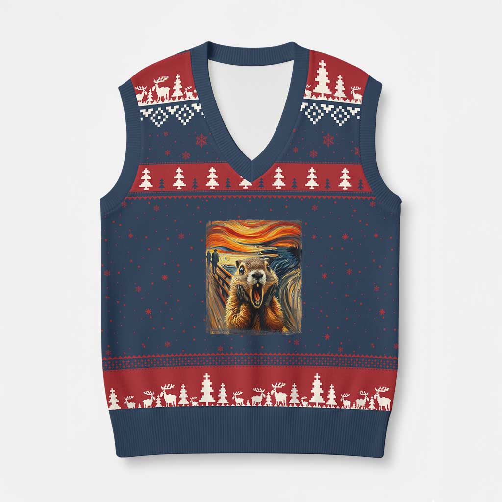 Funny Scream Groundhog V-Neck Knit Sweater Vest Woddchuck Day - Wonder Print Shop