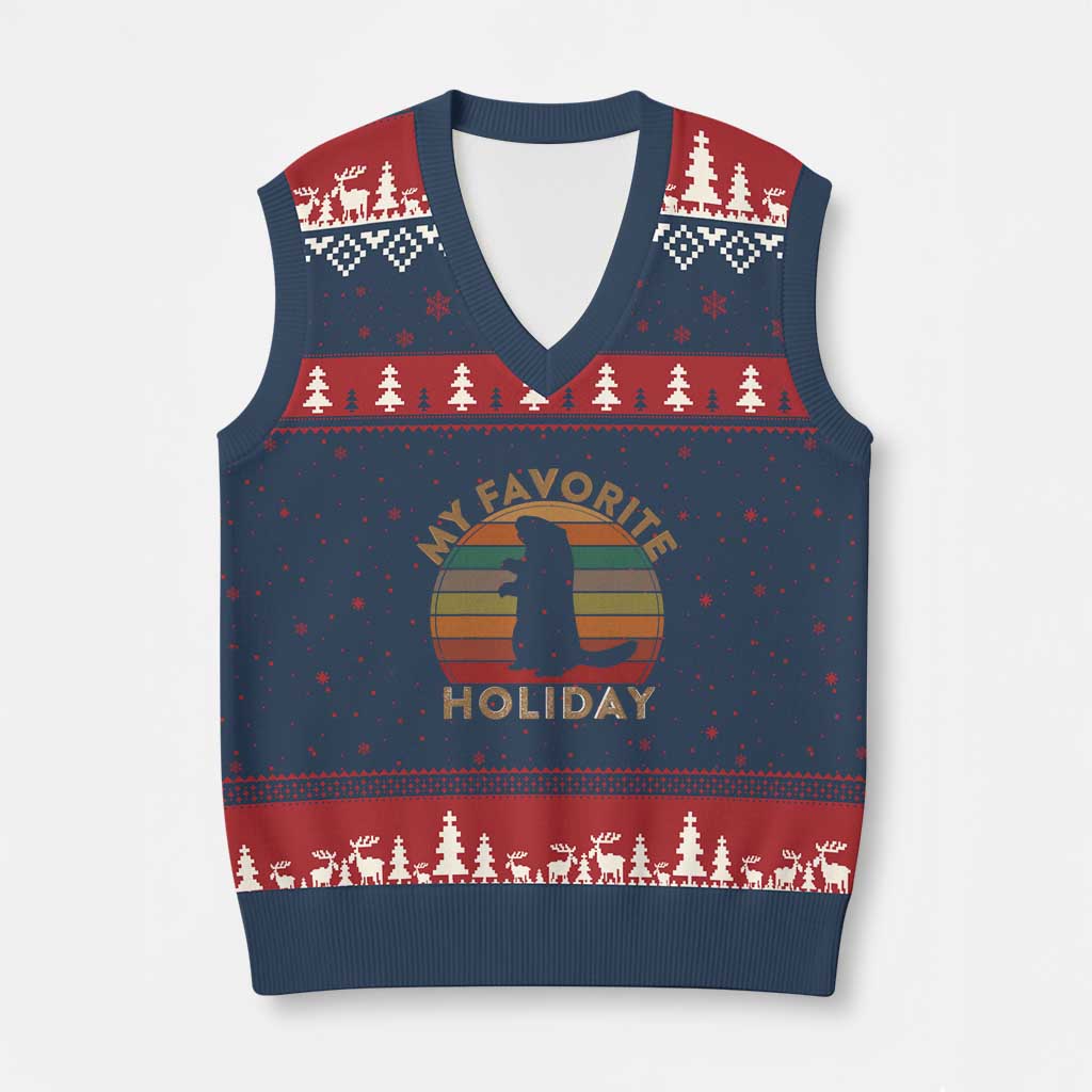 Groundhog Day V-Neck Knit Sweater Vest My Favorite Holiday Ground Hog Shadow Retro Sunset - Wonder Print Shop