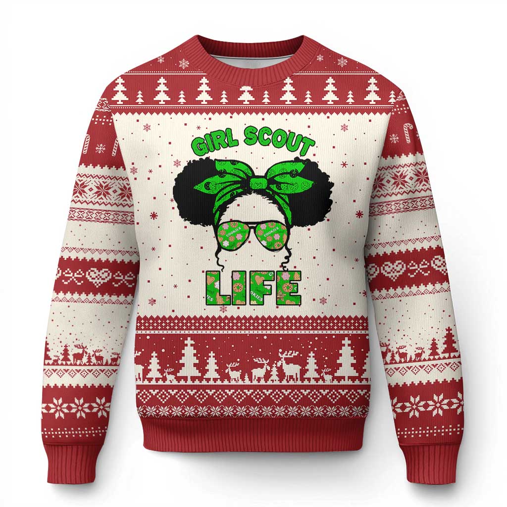 Scout Girl Cookie Dealer Ugly Christmas Sweater Troop Leader Little Messy Bun - Wonder Print Shop