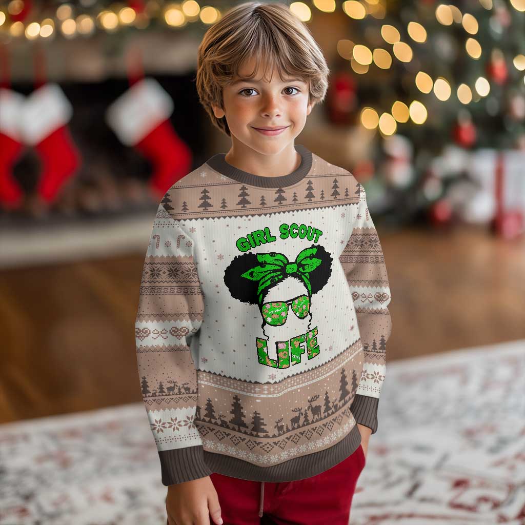 Scout Girl Cookie Dealer Ugly Christmas Sweater Troop Leader Little Messy Bun - Wonder Print Shop