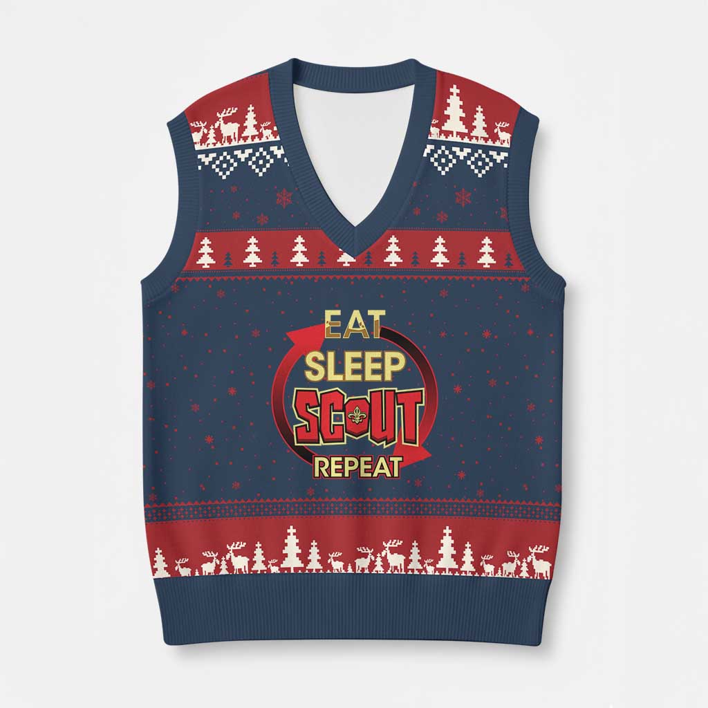 Funny Scout V-Neck Knit Sweater Vest Eat Sleep Scout Repeat Scouting Lovers Camping Hiking Outdoors - Wonder Print Shop