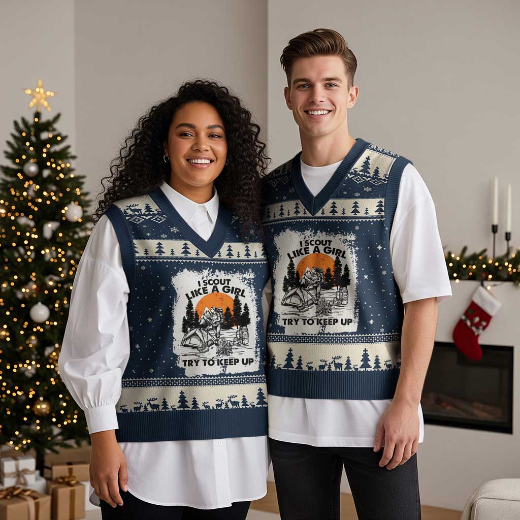 Scout Girl V-Neck Knit Sweater Vest I Scout Like A Girl Try To Keep Up Hiking Camping Scouting Lovers - Wonder Print Shop