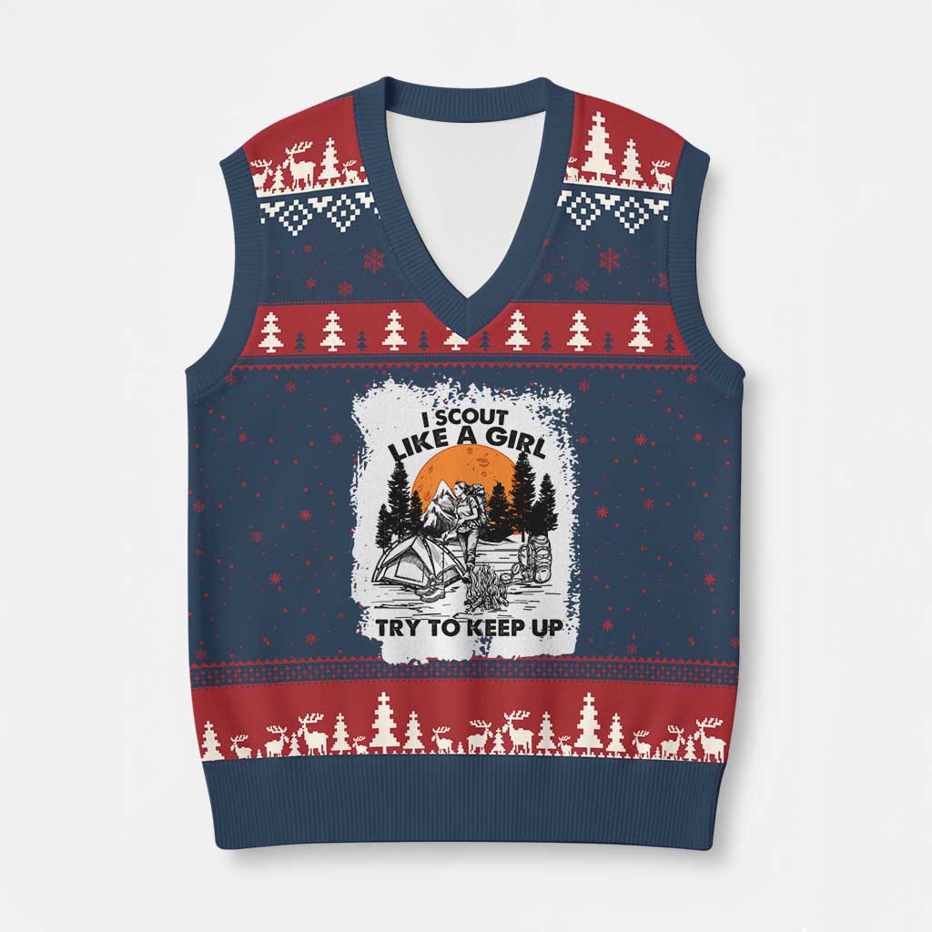 Scout Girl V-Neck Knit Sweater Vest I Scout Like A Girl Try To Keep Up Hiking Camping Scouting Lovers - Wonder Print Shop