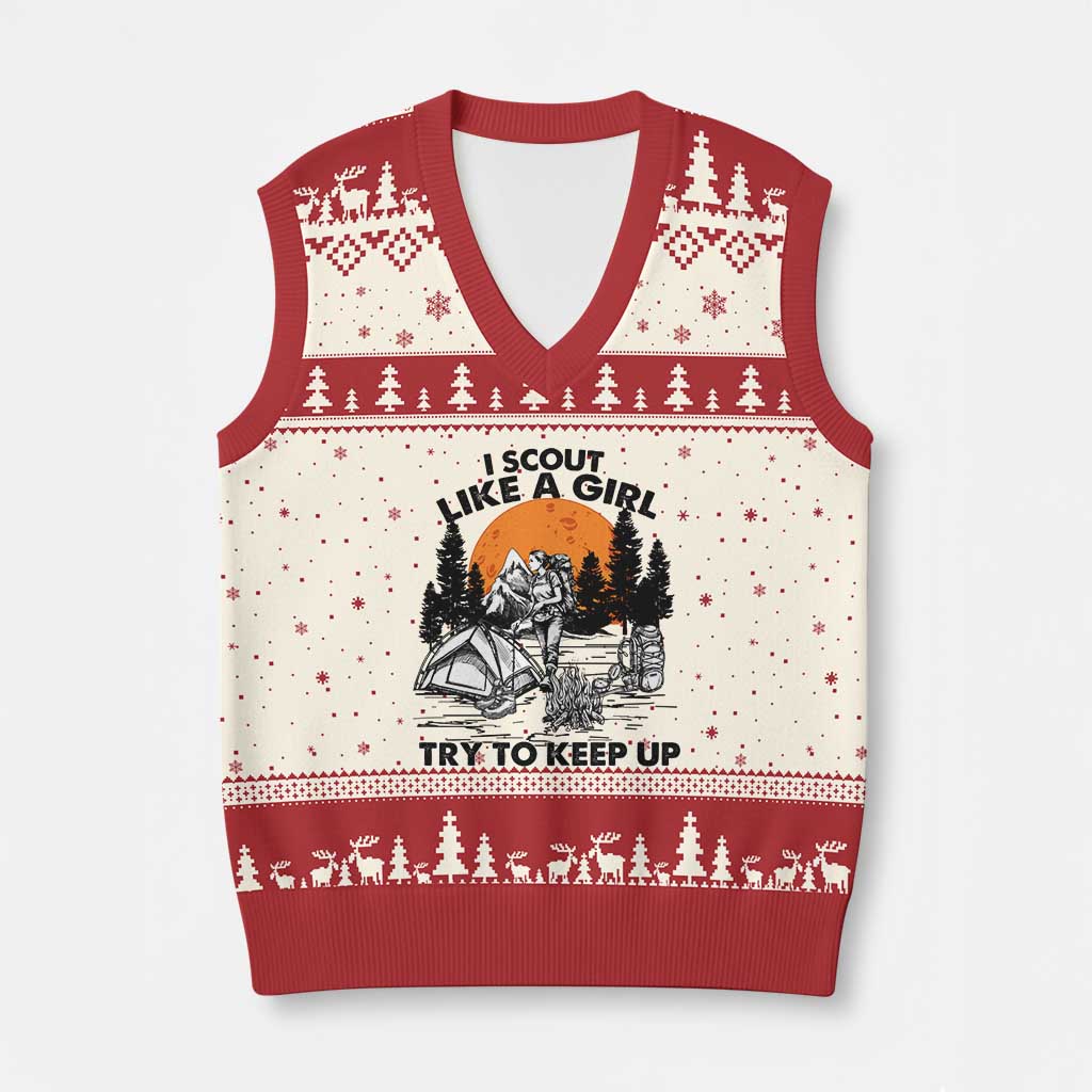 Scout Girl V-Neck Knit Sweater Vest I Scout Like A Girl Try To Keep Up Hiking Camping Scouting - Wonder Print Shop