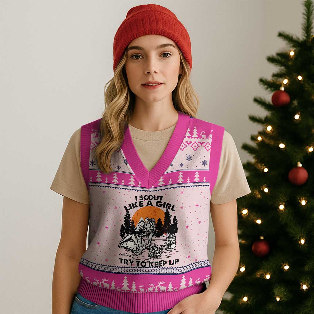 Scout Girl V-Neck Knit Sweater Vest I Scout Like A Girl Try To Keep Up Hiking Camping Scouting - Wonder Print Shop