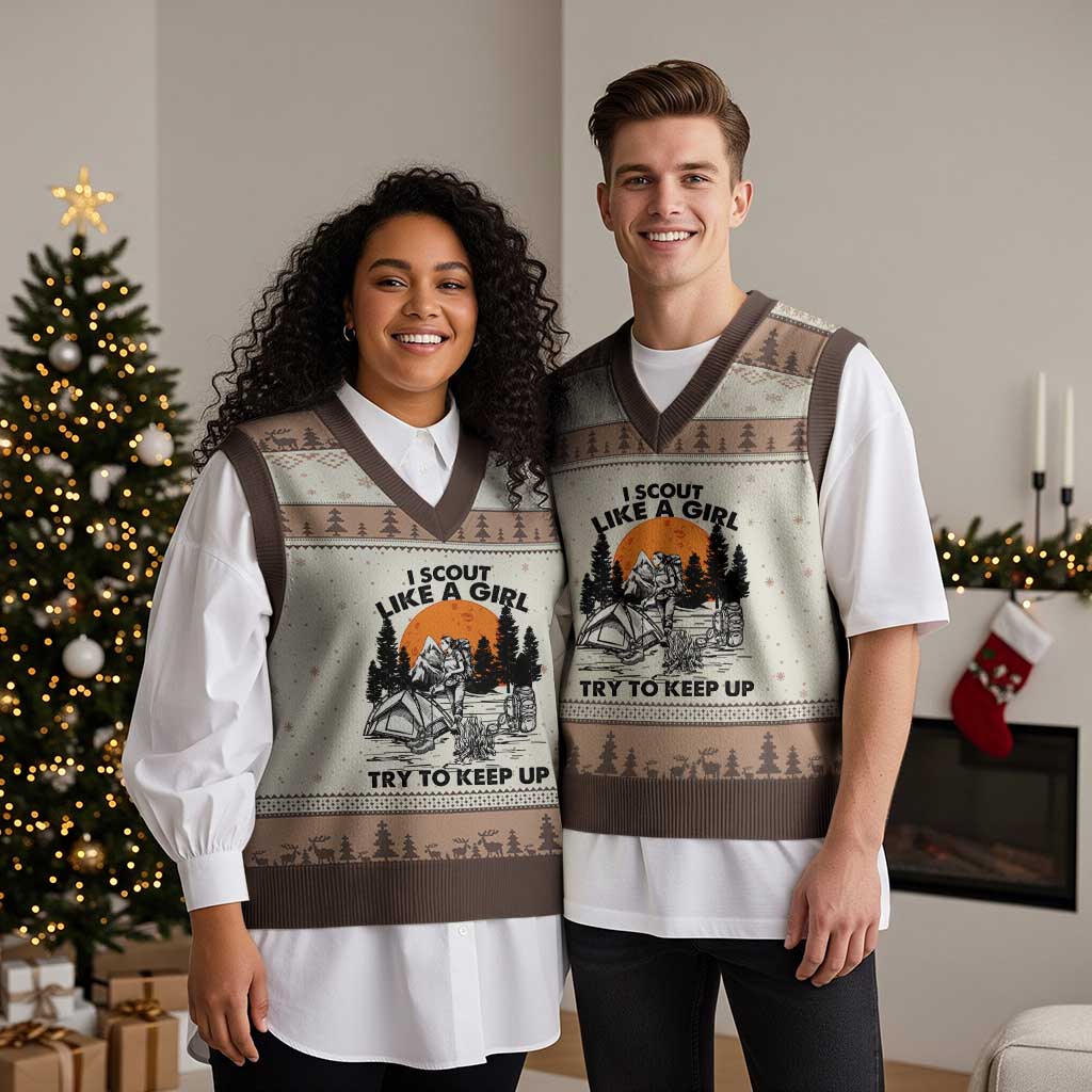 Scout Girl V-Neck Knit Sweater Vest I Scout Like A Girl Try To Keep Up Hiking Camping Scouting - Wonder Print Shop