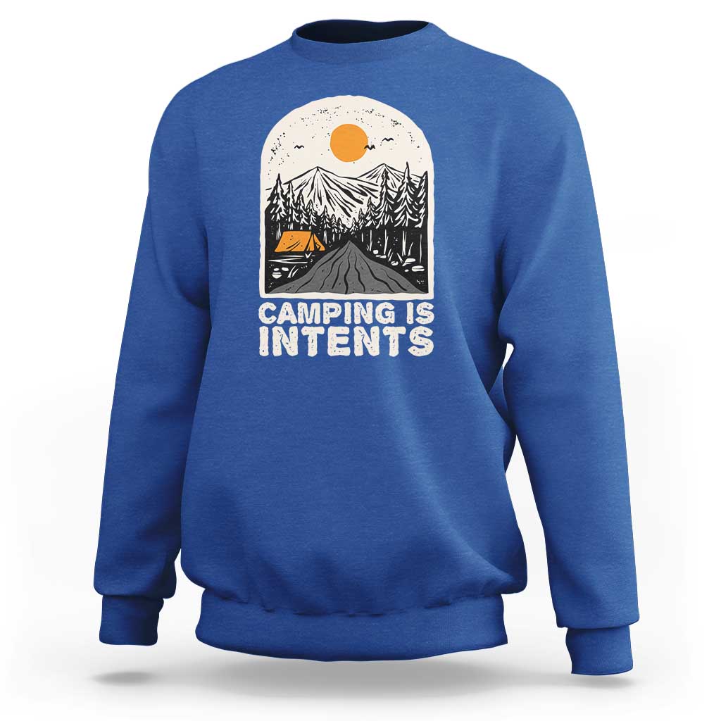 Royal blue camping sweatshirt with front graphic reading "Camping Is Intents"