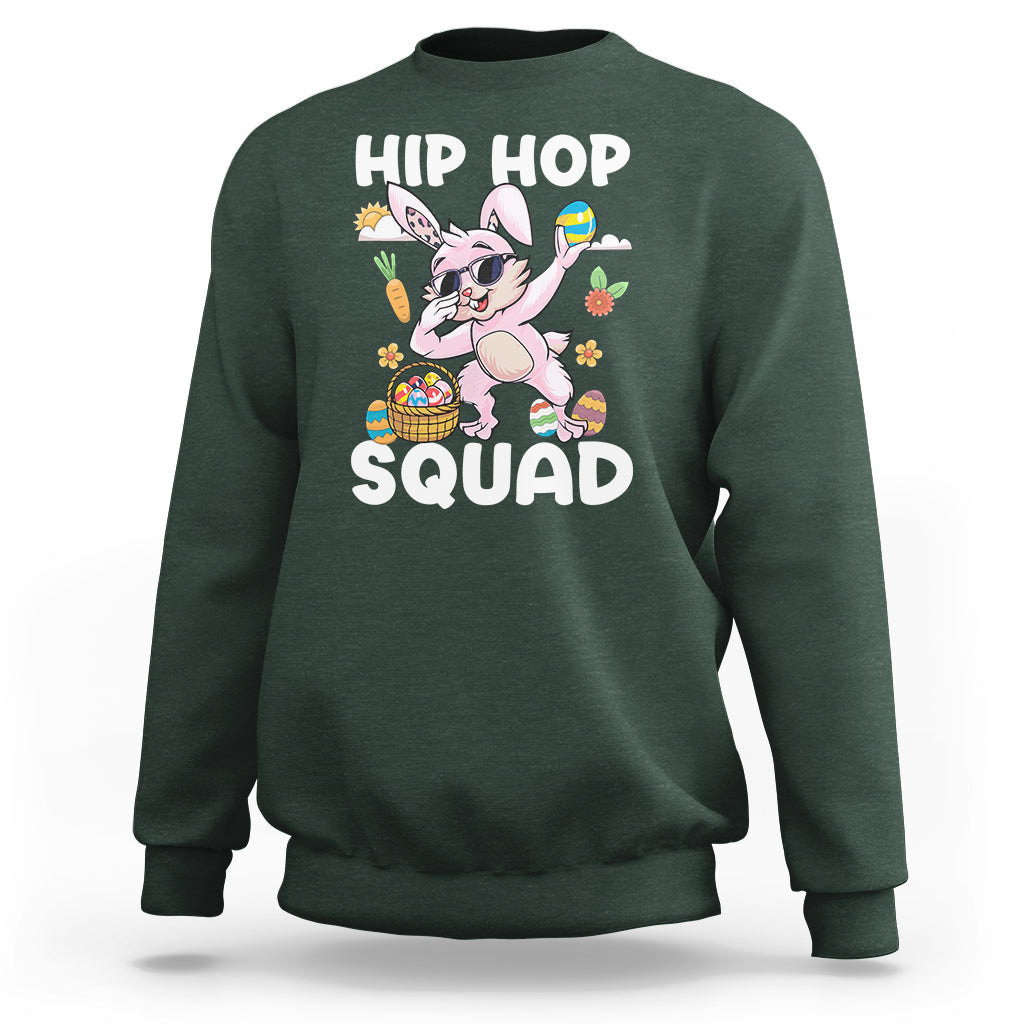 Kids dark forest green hoodie with dabbing bunny graphic and “HIP HOP SQUAD” text