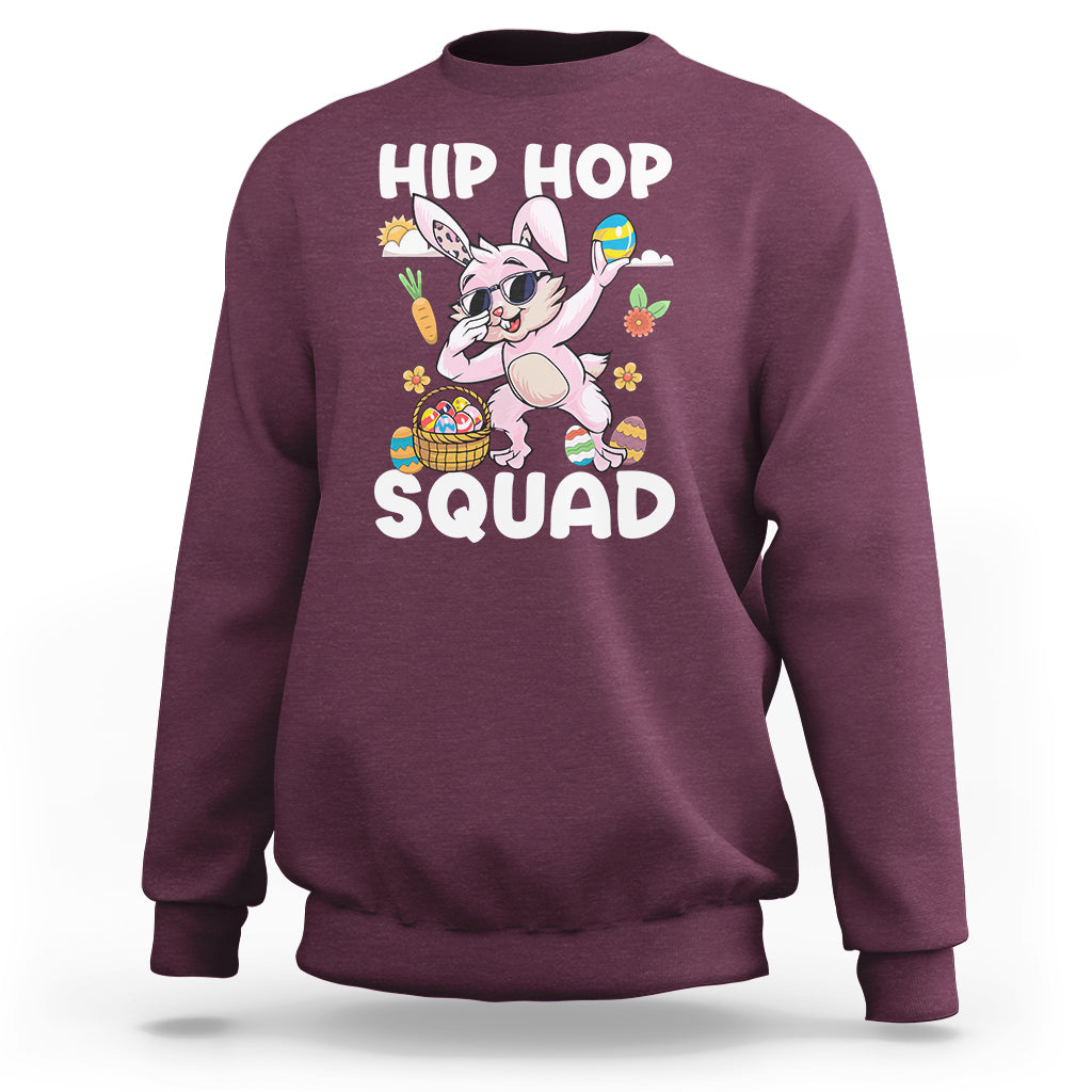 Kids maroon hoodie with dabbing bunny graphic and “HIP HOP SQUAD” text
