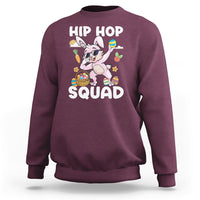 Kids maroon hoodie with dabbing bunny graphic and “HIP HOP SQUAD” text