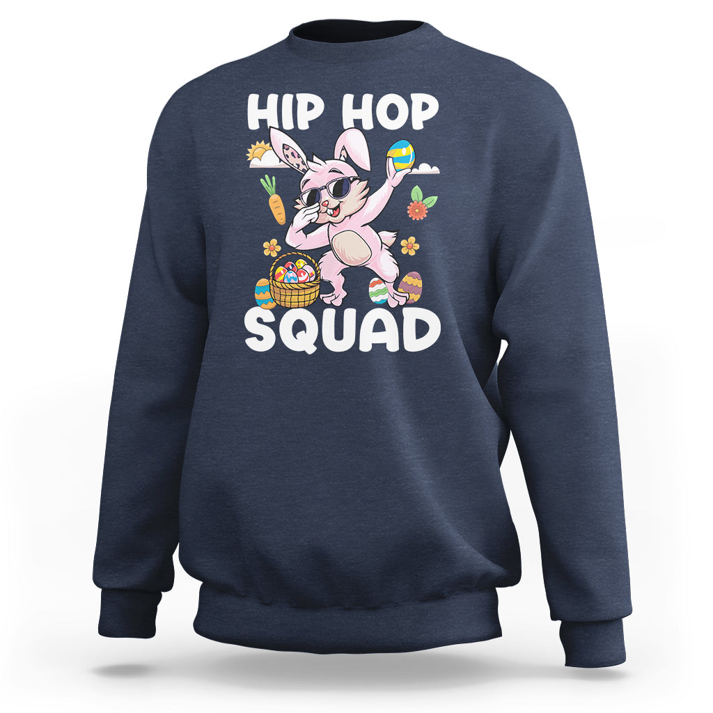 Kids navy hoodie with dabbing bunny graphic and “HIP HOP SQUAD” text