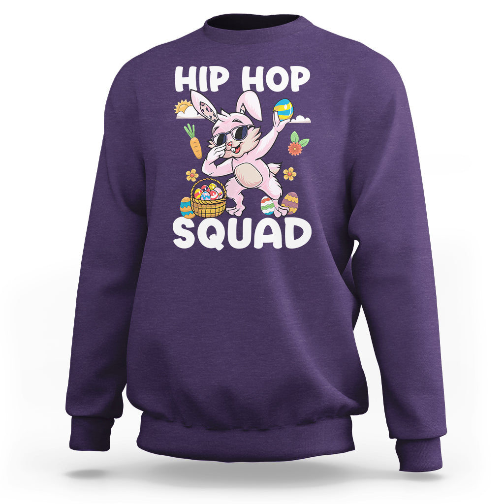 Kids purple hoodie with dabbing bunny graphic and “HIP HOP SQUAD” text