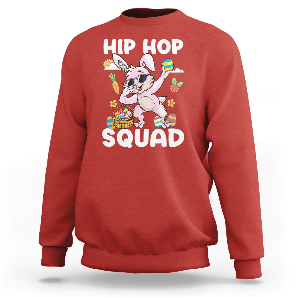 Kids red hoodie with dabbing bunny graphic and “HIP HOP SQUAD” text
