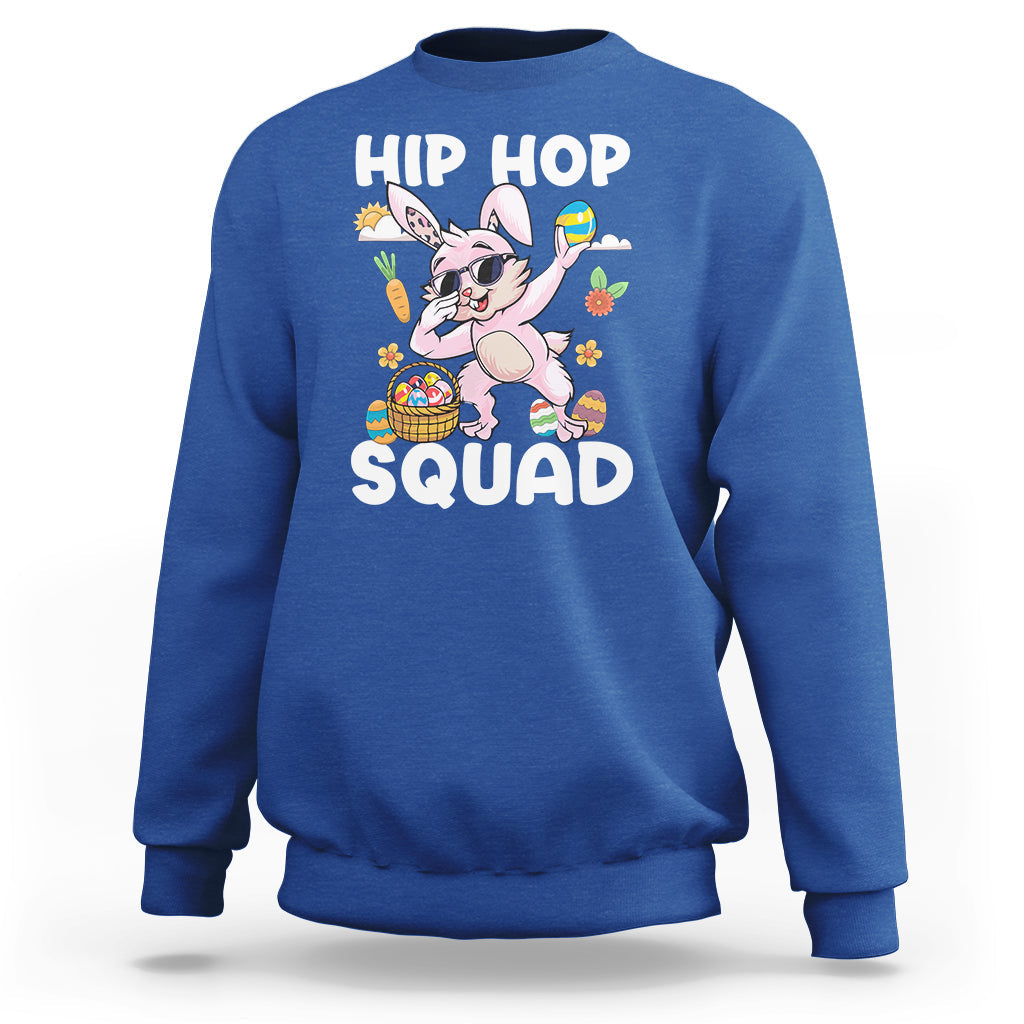 Kids royal blue hoodie with dabbing bunny graphic and “HIP HOP SQUAD” text