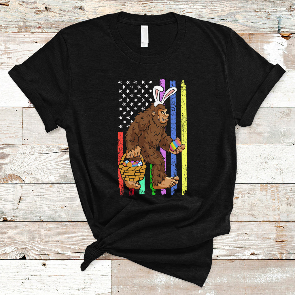 Funny Bigfoot Lover Patriotic Bigfoot In Bunny Costume Egg Hunting Halloween Costume For Kids Boys Girls T Shirt - Wonder Print Shop