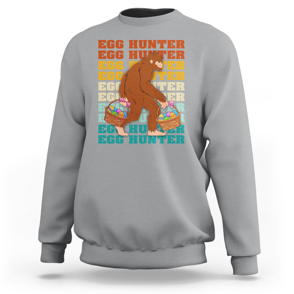 Kids long-sleeve crewneck sweatshirt, sport gray; Bigfoot egg hunter graphic with baskets