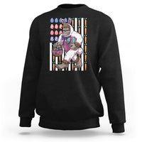 Kids black sweatshirt with Bigfoot in bunny costume holding Easter eggs graphic