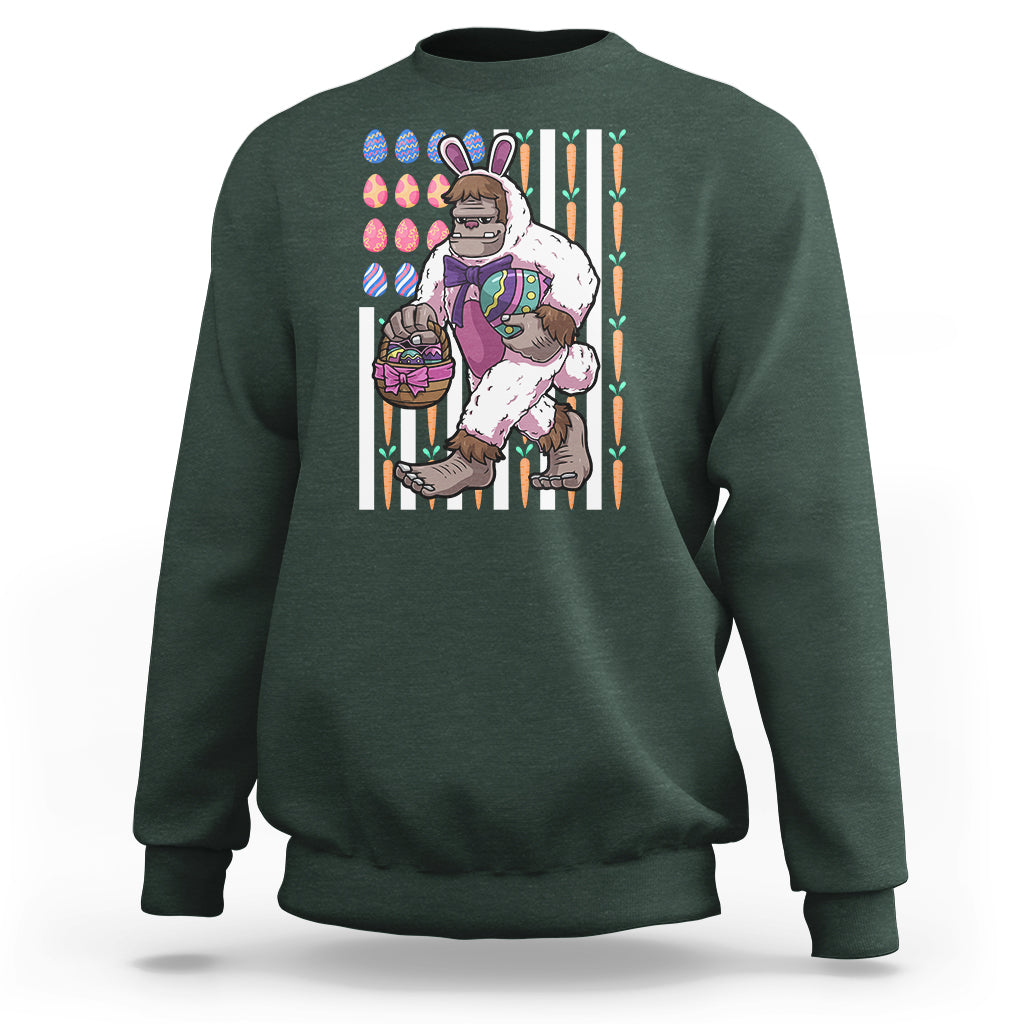 Kids dark forest green sweatshirt with Bigfoot in bunny costume holding Easter eggs graphic
