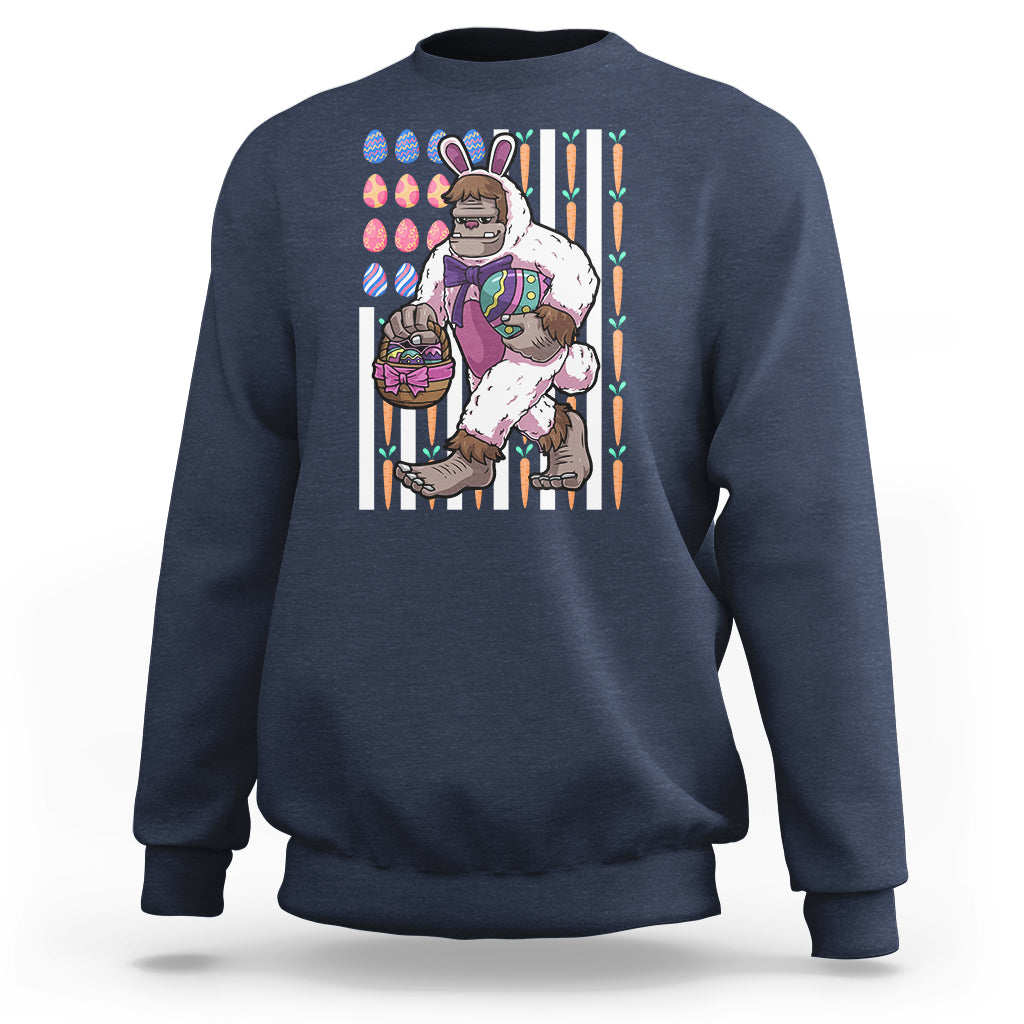 Kids navy sweatshirt with Bigfoot in bunny costume holding Easter eggs graphic