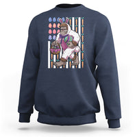 Kids navy sweatshirt with Bigfoot in bunny costume holding Easter eggs graphic