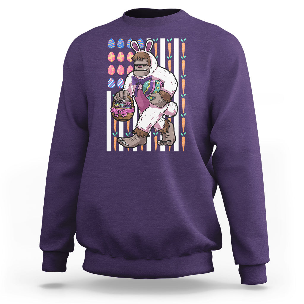 Kids purple sweatshirt with Bigfoot in bunny costume holding Easter eggs graphic