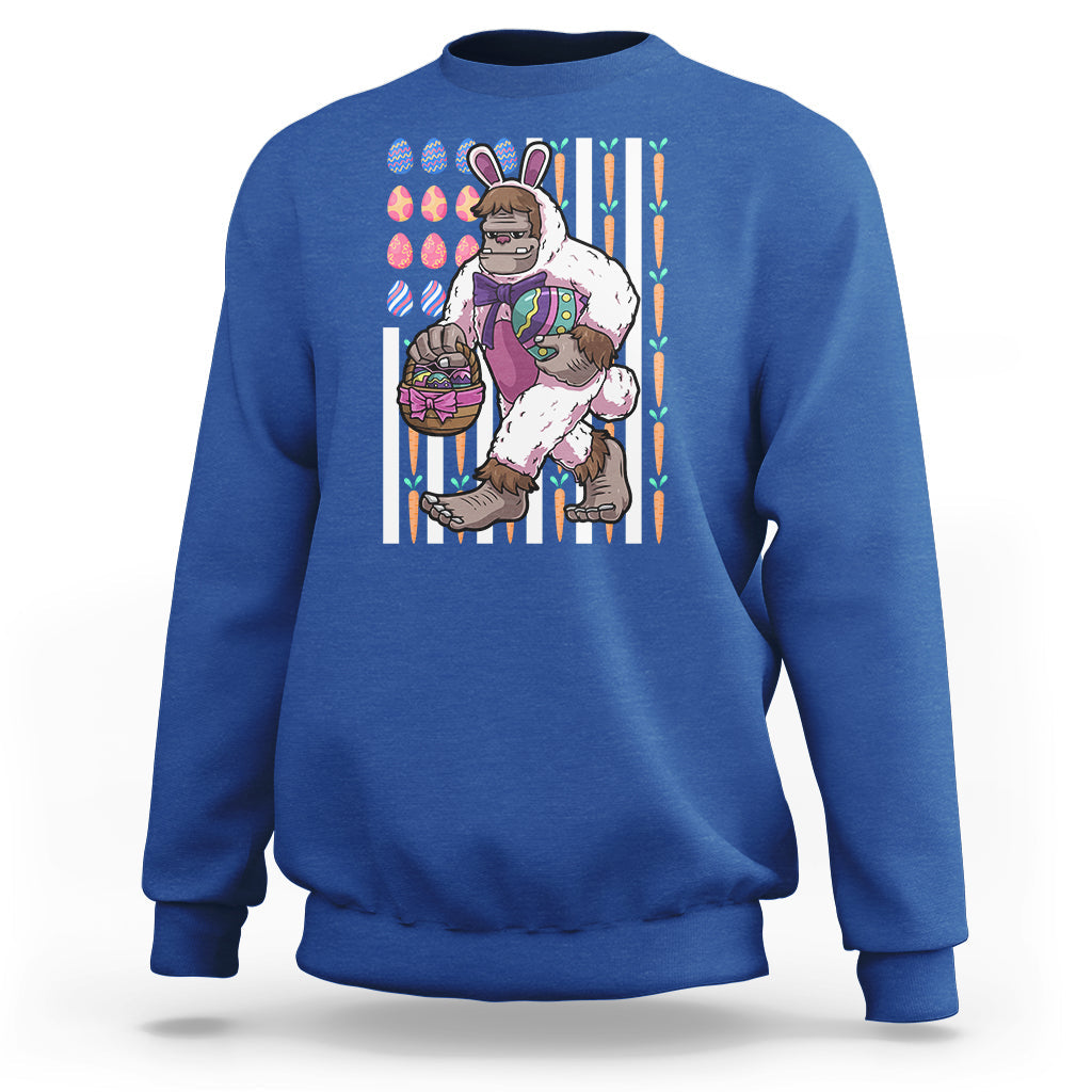 Kids royal blue sweatshirt with Bigfoot in bunny costume holding Easter eggs graphic