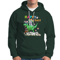 Kids dark forest green Easter dinosaur dabbing graphic hoodie with front pocket and drawstring hood