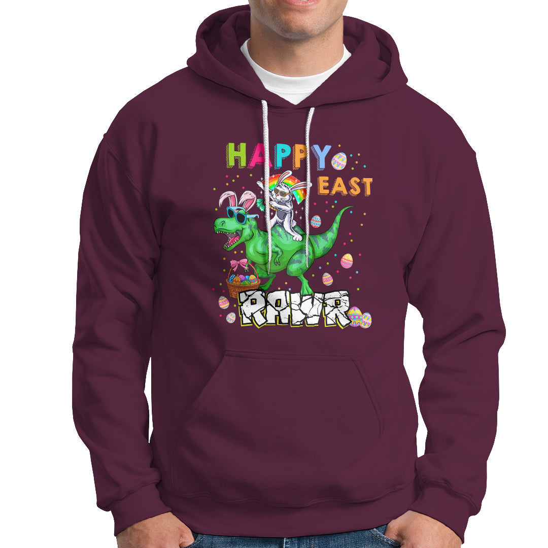 Kids maroon Easter dinosaur dabbing graphic hoodie with front pocket and drawstring hood