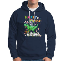Kids navy Easter dinosaur dabbing graphic hoodie with front pocket and drawstring hood