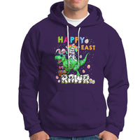 Kids purple Easter dinosaur dabbing graphic hoodie with front pocket and drawstring hood