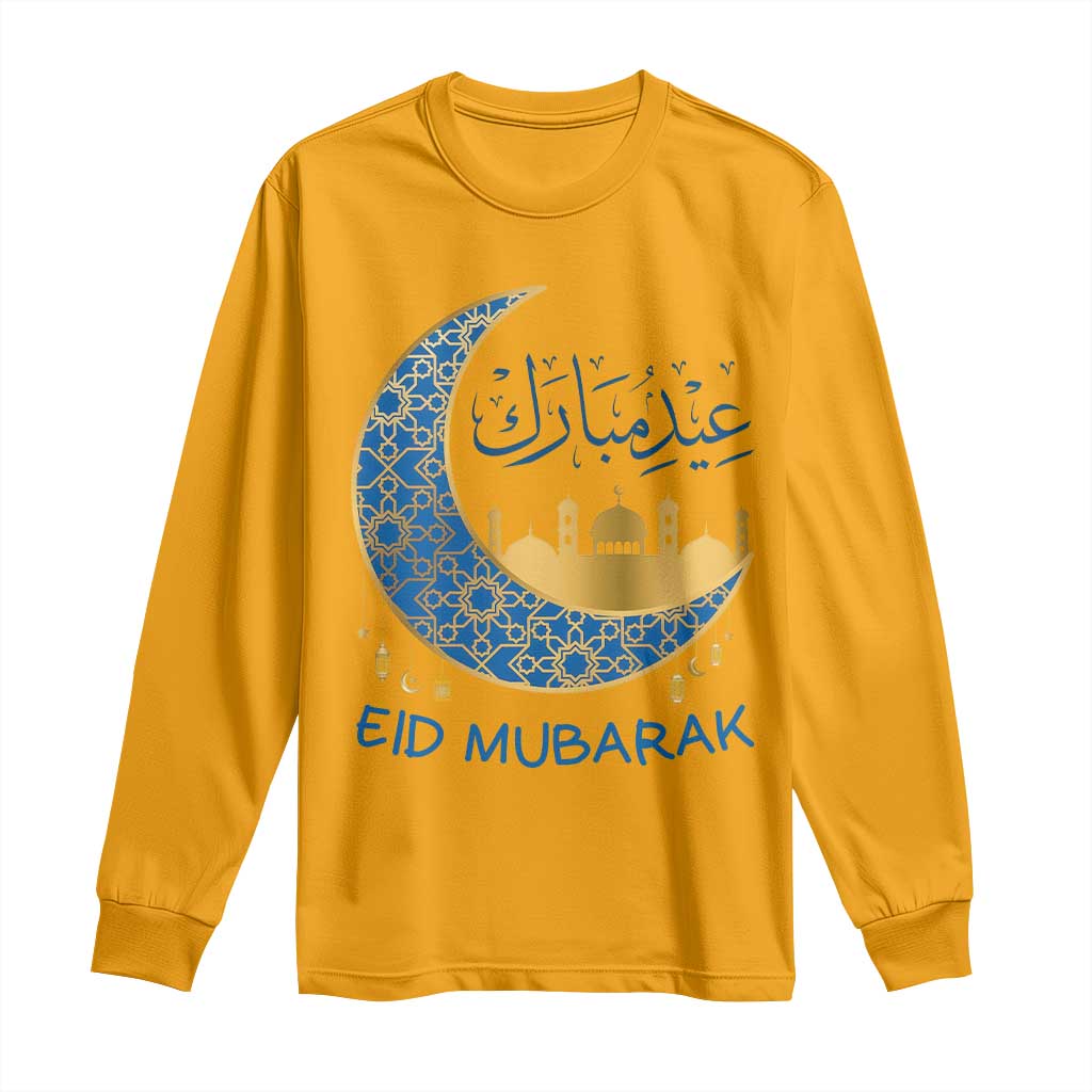 Eid Mubarak Crescent Moon Mosque Long Sleeve Shirt Arabic Calligraphy Islamic Celebration Gift