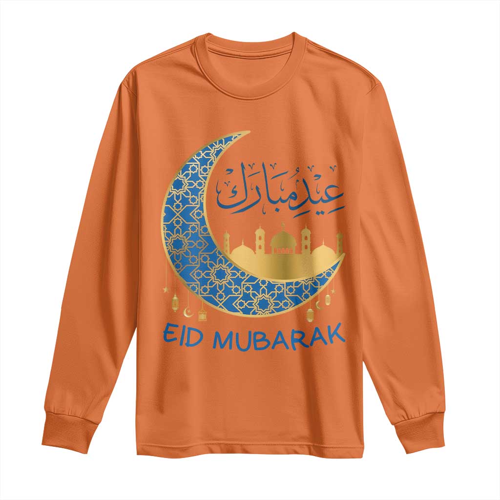 Eid Mubarak Crescent Moon Mosque Long Sleeve Shirt Arabic Calligraphy Islamic Celebration Gift