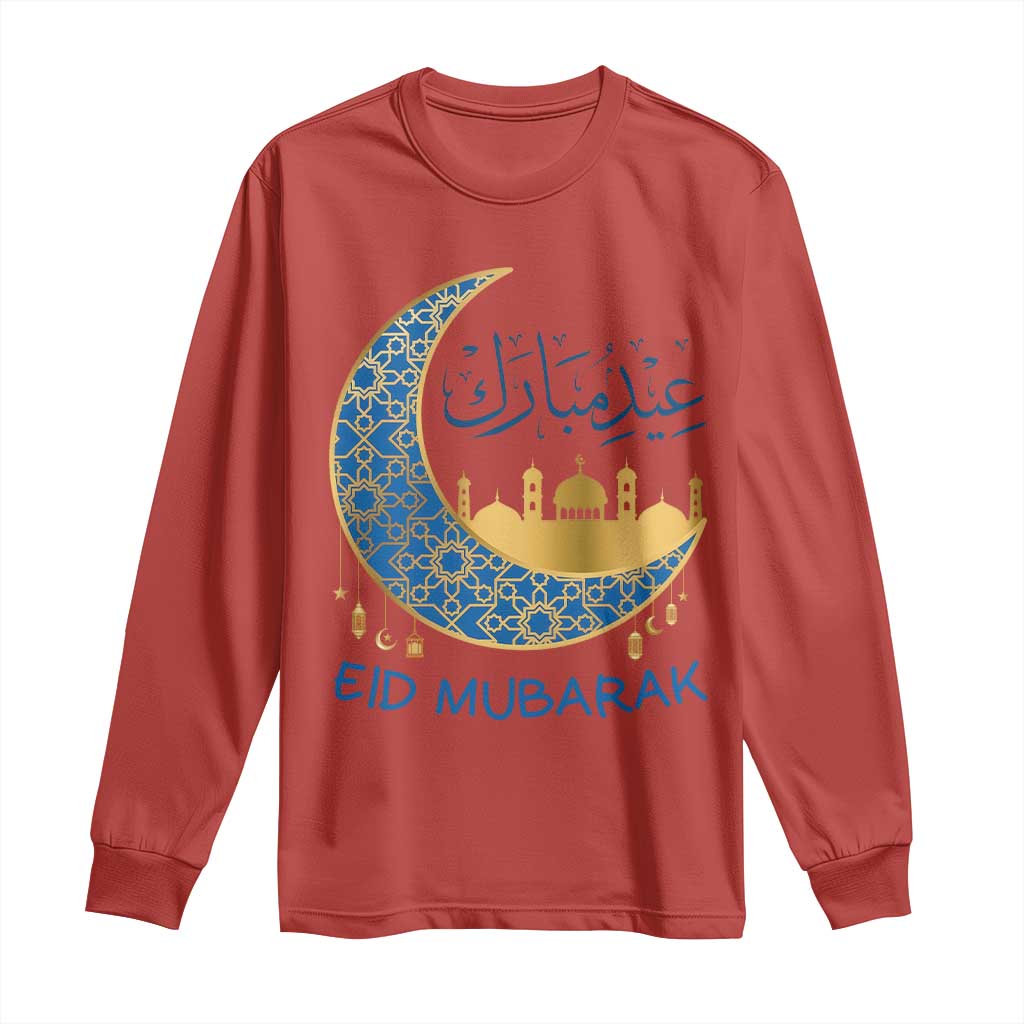 Eid Mubarak Crescent Moon Mosque Long Sleeve Shirt Arabic Calligraphy Islamic Celebration Gift