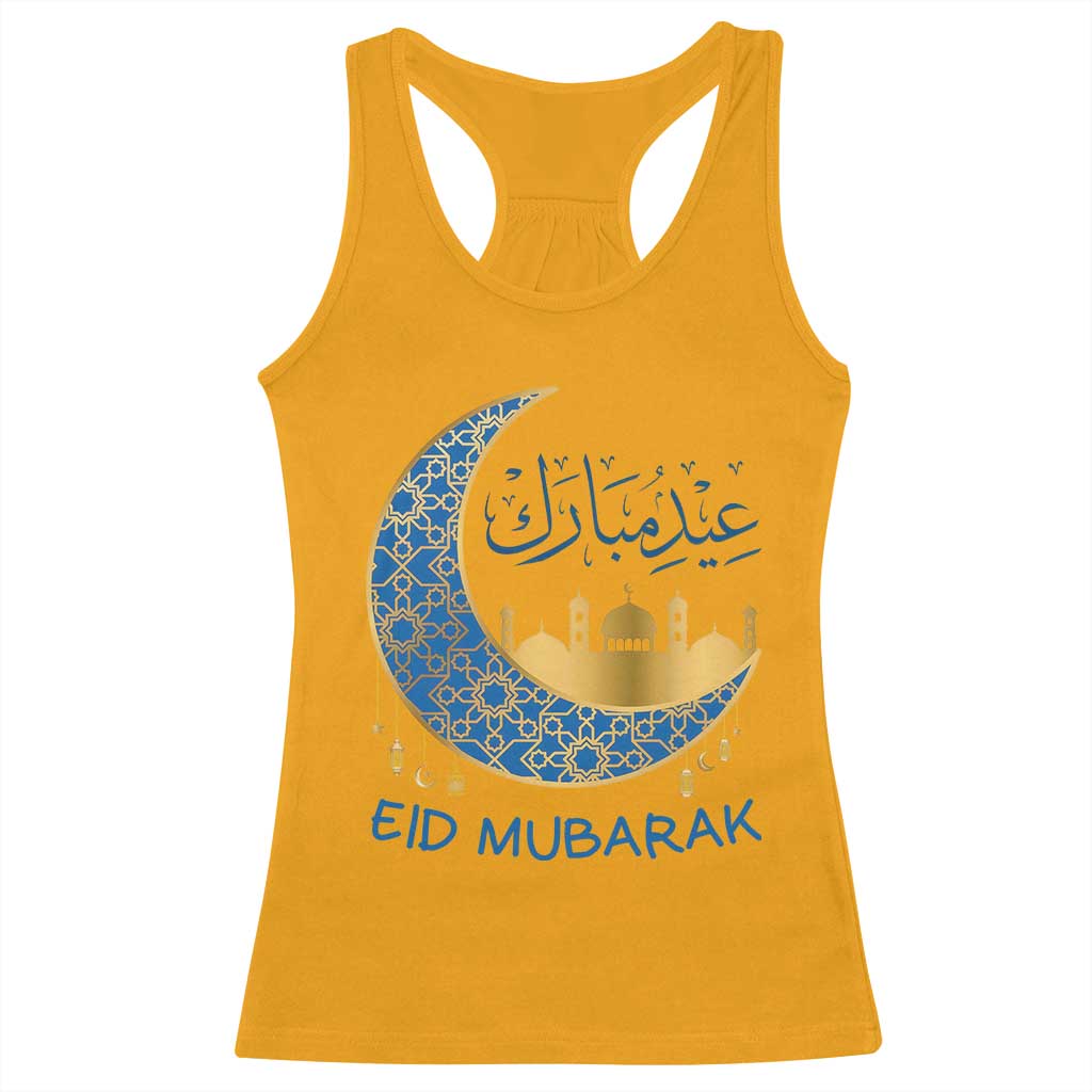 Eid Mubarak Crescent Moon Mosque Racerback Tank Top Arabic Calligraphy Islamic Celebration Gift