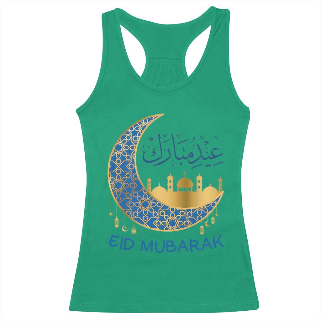 Eid Mubarak Crescent Moon Mosque Racerback Tank Top Arabic Calligraphy Islamic Celebration Gift