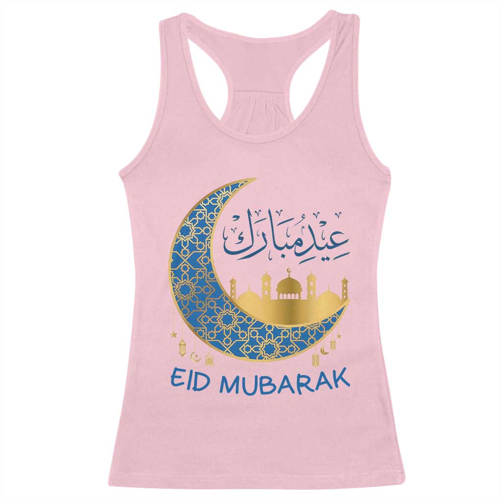 Eid Mubarak Crescent Moon Mosque Racerback Tank Top Arabic Calligraphy Islamic Celebration Gift