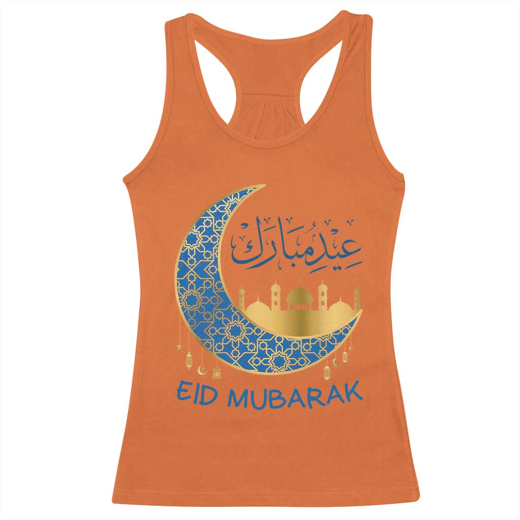 Eid Mubarak Crescent Moon Mosque Racerback Tank Top Arabic Calligraphy Islamic Celebration Gift