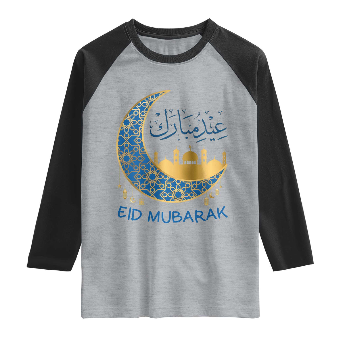 Eid Mubarak Crescent Moon Mosque Raglan Shirt Arabic Calligraphy Islamic Celebration Gift