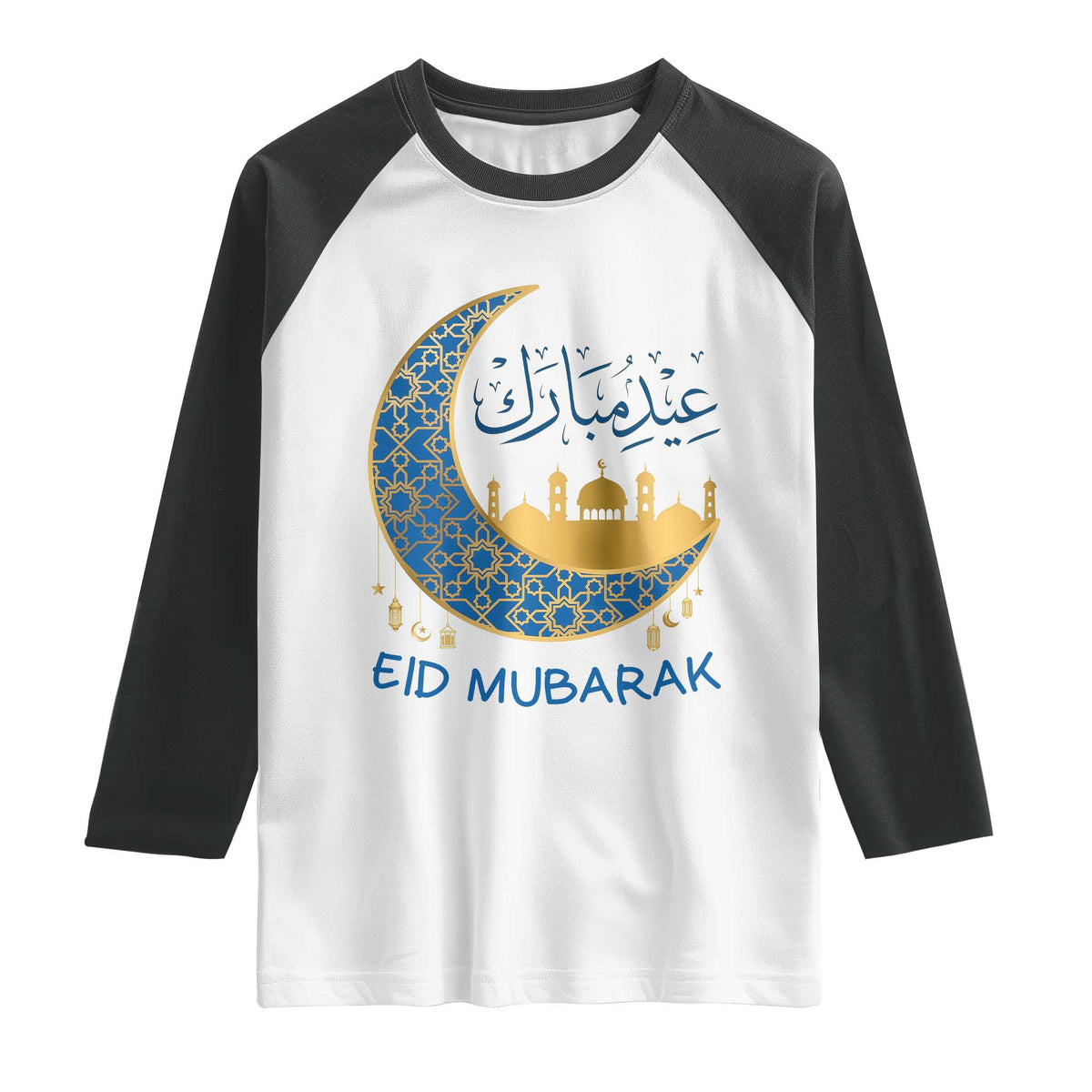 Eid Mubarak Crescent Moon Mosque Raglan Shirt Arabic Calligraphy Islamic Celebration Gift