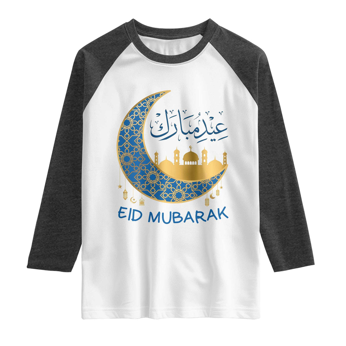 Eid Mubarak Crescent Moon Mosque Raglan Shirt Arabic Calligraphy Islamic Celebration Gift