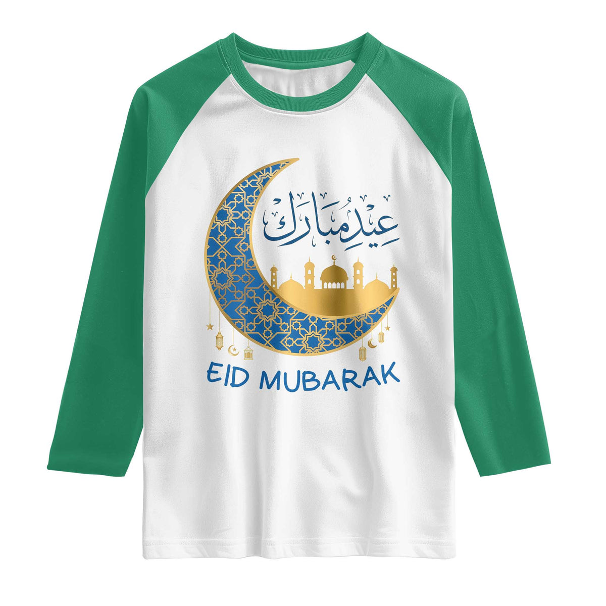 Eid Mubarak Crescent Moon Mosque Raglan Shirt Arabic Calligraphy Islamic Celebration Gift
