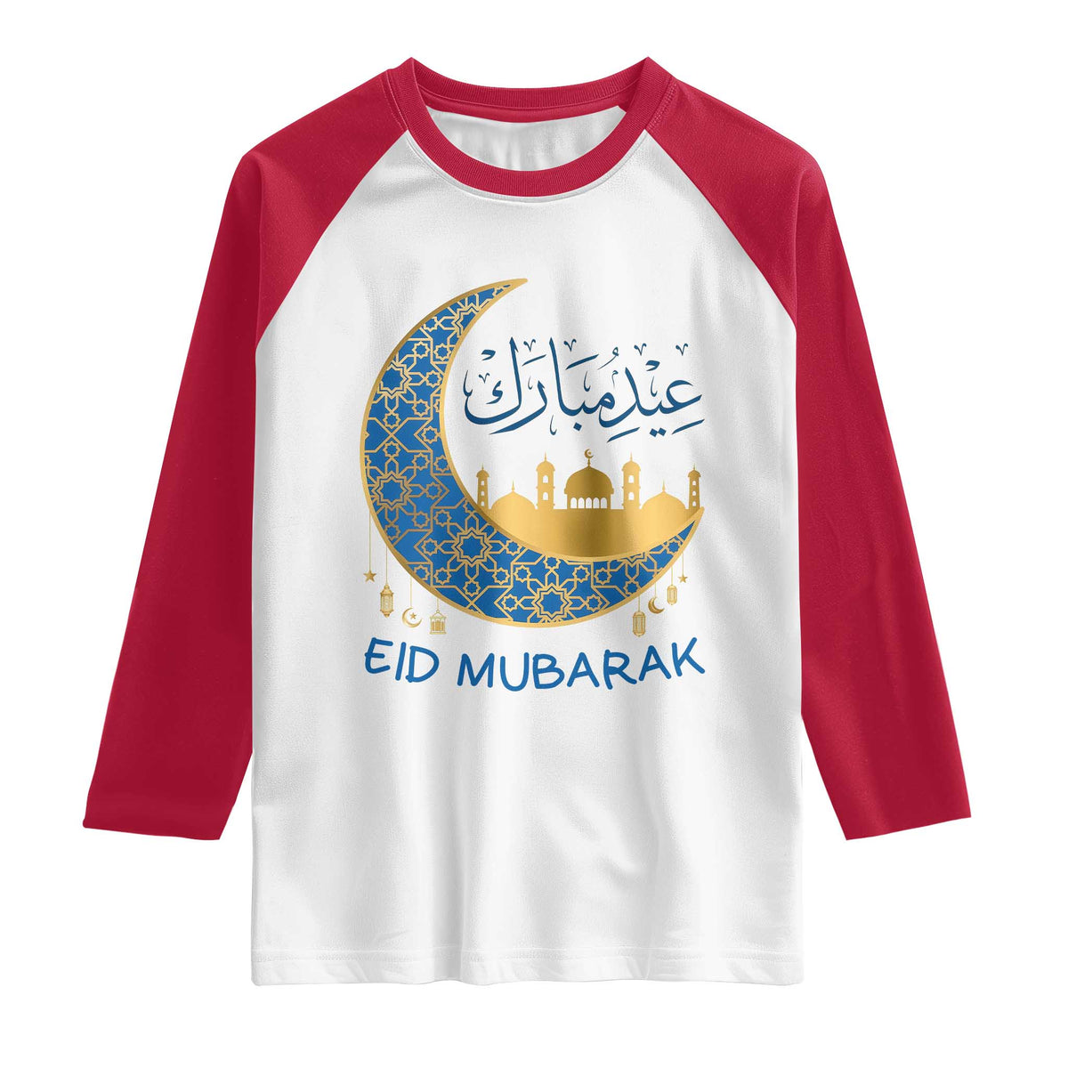 Eid Mubarak Crescent Moon Mosque Raglan Shirt Arabic Calligraphy Islamic Celebration Gift