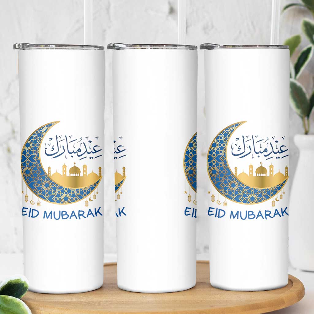 Eid Mubarak Crescent Moon Mosque Skinny Tumbler Arabic Calligraphy Islamic Celebration Gift